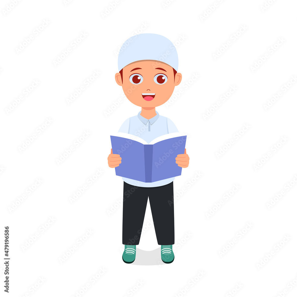 Muslim boy holding book, happy face Muslim boy holding book, happy face