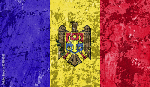 Moldova flag on old paint on wall. 3D image