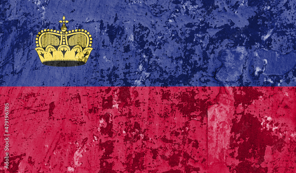 Liechtenstein flag on old paint on wall. 3D image