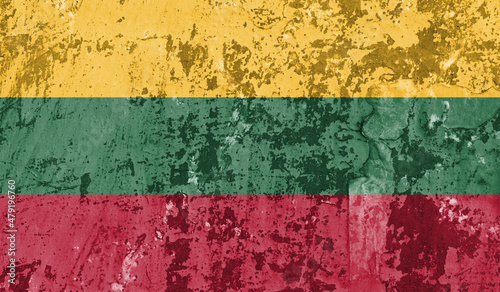Lithuania flag on old paint on wall. 3D image