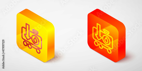Isometric line Drop in crude oil price icon isolated on grey background. Oil industry crisis concept. Yellow and orange square button. Vector