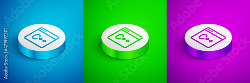 Isometric line Software, web developer programming code icon isolated on blue, green and purple background. Javascript computer script random parts of program code. White circle button. Vector