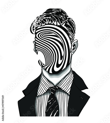 Hand drawn portrait of a strange handsome man with anonymous black and white striped twirls face. Head in modern and surreal tattoo art. Isolated vector illustration.