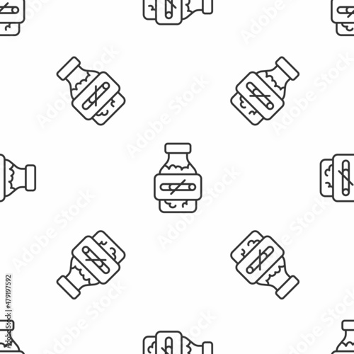 Grey line Nicotine gum in blister pack icon isolated seamless pattern on white background. Helps calm cravings and reduces anxiety caused by quitting smoking. Vector