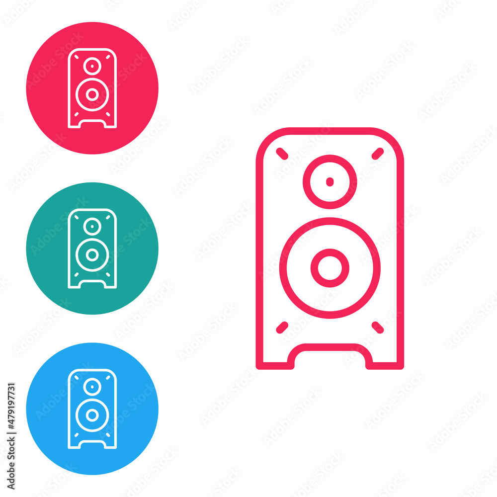 Red line Stereo speaker icon isolated on white background. Sound system speakers. Music icon. Musical column speaker bass equipment. Set icons in circle buttons. Vector Red line Stereo speaker icon isolated on white background. Sound system speakers. Music icon. Musical column speaker bass equipment. Set icons in circle buttons. Vector