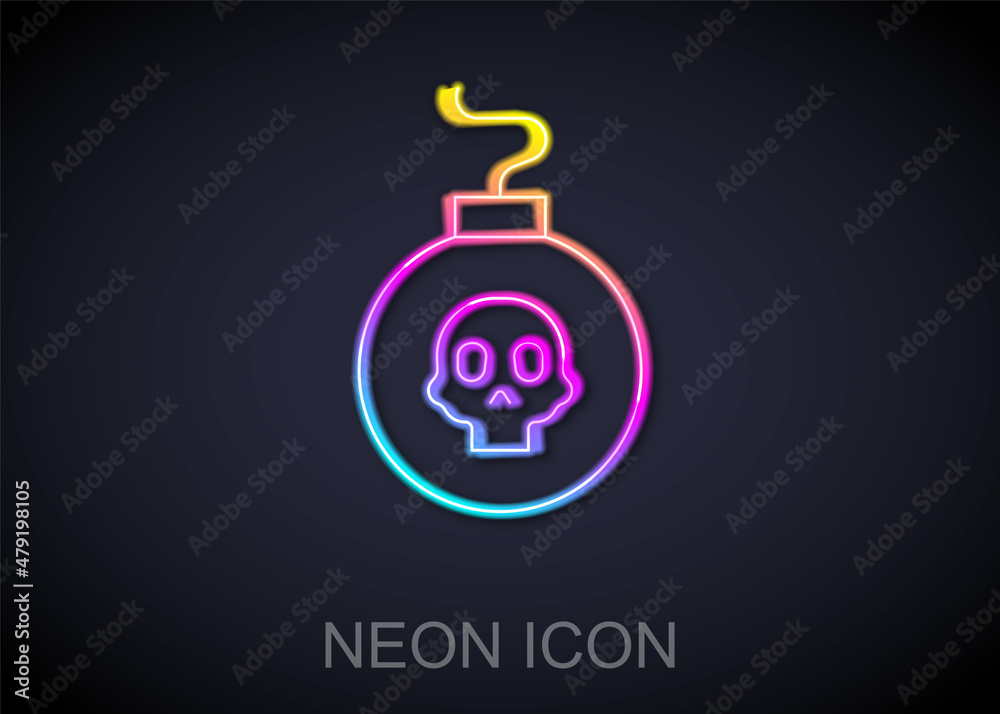Glowing neon line Bomb ready to explode icon isolated on black background. Vector
