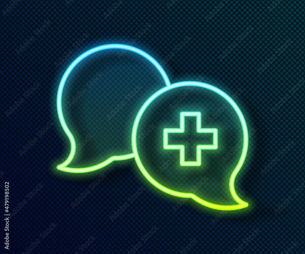 Glowing neon line Dialogue with the doctor icon isolated on black background. Doctor and patient dialog. Consulting about medical health services. Vector Glowing neon line Dialogue with the doctor icon isolated on black background. Doctor and patient dialog. Consulting about medical health services. Vector