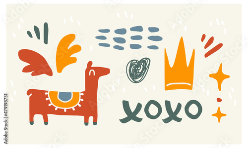 Abstract geometric colored shapes and hand drawn doodle objects. Trendy contemporary modern set. Isolated llama, crown, wings, blobs, xoxo text as design elements for your work. Vector illustration