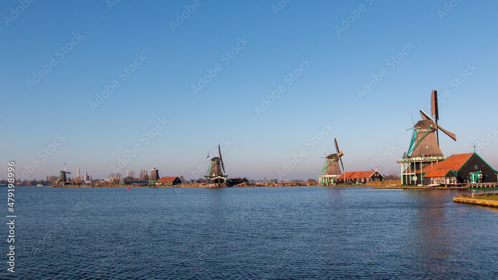 Windmills at the Zaanse Schans with blue sky Windmills at the Zaanse Schans with blue sky