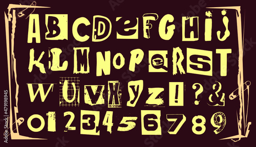 Punk typography vector alphabet and numbers. Type specimen set for grunge font flyers and posters or ransom note style designs.