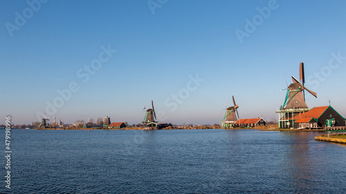 Windmills at the Zaanse Schans with blue sky