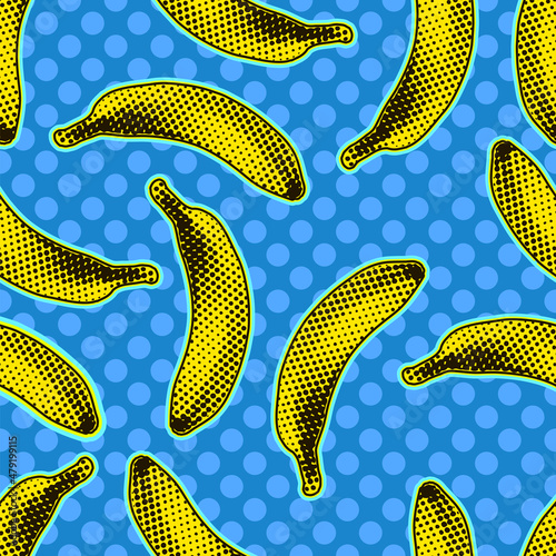 Seamless vector pop art pattern of yellow bananas randomly scattered on light blue polka dot background in halftone dot style design.