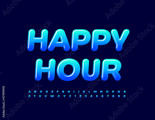 Vector promo signboard Happy Hour. Blue gradient Font. Modern shiny Alphabet Letters and Numbers set