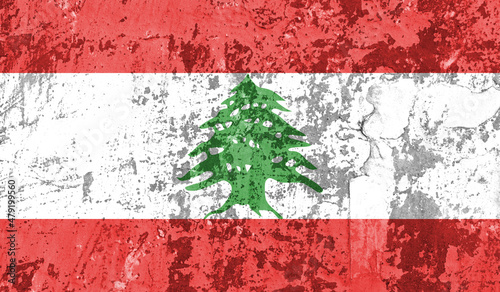 Lebanon flag on old paint on wall. 3D image
