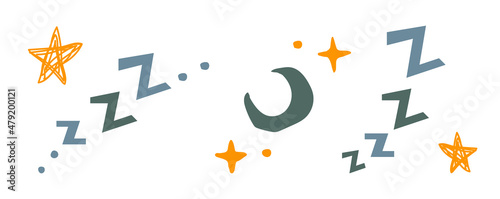 Set of Zzzz and Zzz sleeping sounds as colorful texts with abstract contemporary moon or crescent symbol isolated on white background, vector illustration for cartoon or doodle style bed time concepts