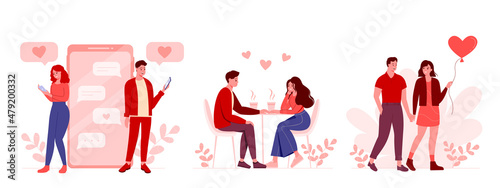Valentine’s day. Love couple celebrating Valentine's Day on February 14 by sending messages of love and spending time together.  People holding hands. Set of vector illustrations isolated on white 