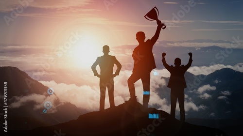 Obraz na plátně Achievement and Business Goal Success conceptual - Creative business people with icon graphic interface showing employee reward giving for business success achievement
