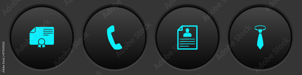 Set Certificate template, Telephone handset, Resume and Tie icon. Vector Set Certificate template, Telephone handset, Resume and Tie icon. Vector