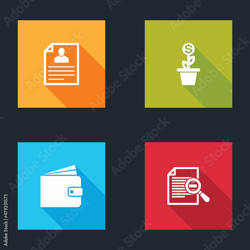 Set Resume, Dollar plant in the pot, Wallet and Document with search icon. Vector