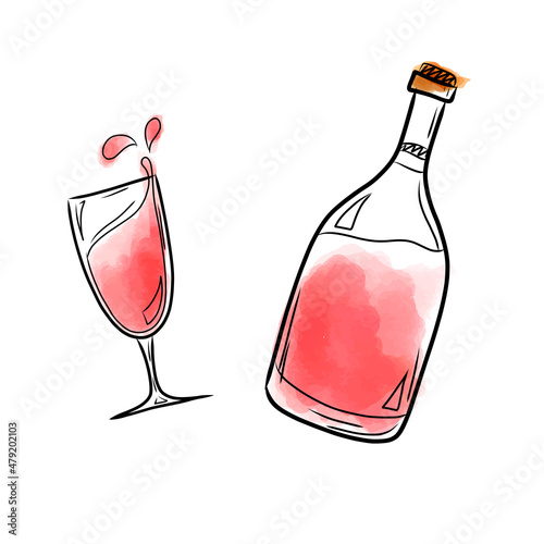 Vector illustration with a bottle and a glass of red wine in watercolor style. Vector illustration with drinks, for packaging, bars, cafes, menus.