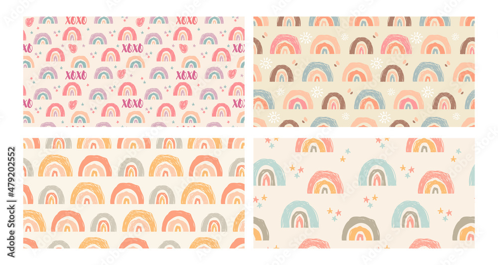 Set of abstract Scandinavian rainbows in cute seamless patterns in doodle style for contemporary trendy surfaces design for children. Colorful vector illustration in pastel tender colors