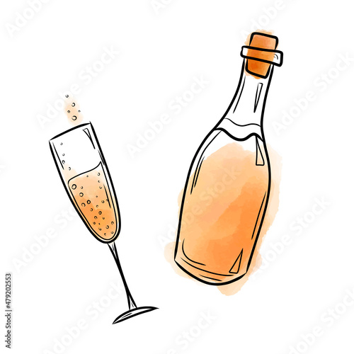 Vector illustration with a bottle and a glass of white wine in watercolor style. Vector illustration with drinks, for packaging, bars, cafes, menus.