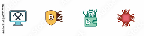 Set Mining with monitor and pickaxe, Shield bitcoin, Cryptocurrency wallet and Processor icon. Vector