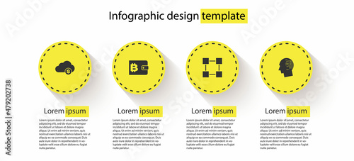 Set Cryptocurrency cloud mining, wallet, Blockchain technology and Brain as digital circuit board. Business infographic template. Vector