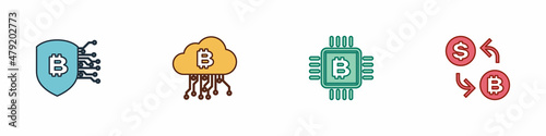 Set Shield with bitcoin, Cryptocurrency cloud mining, CPU farm and exchange icon. Vector