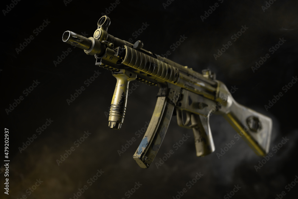 Naklejka premium mp5 submachine gun isolated on a dark background in smoke
