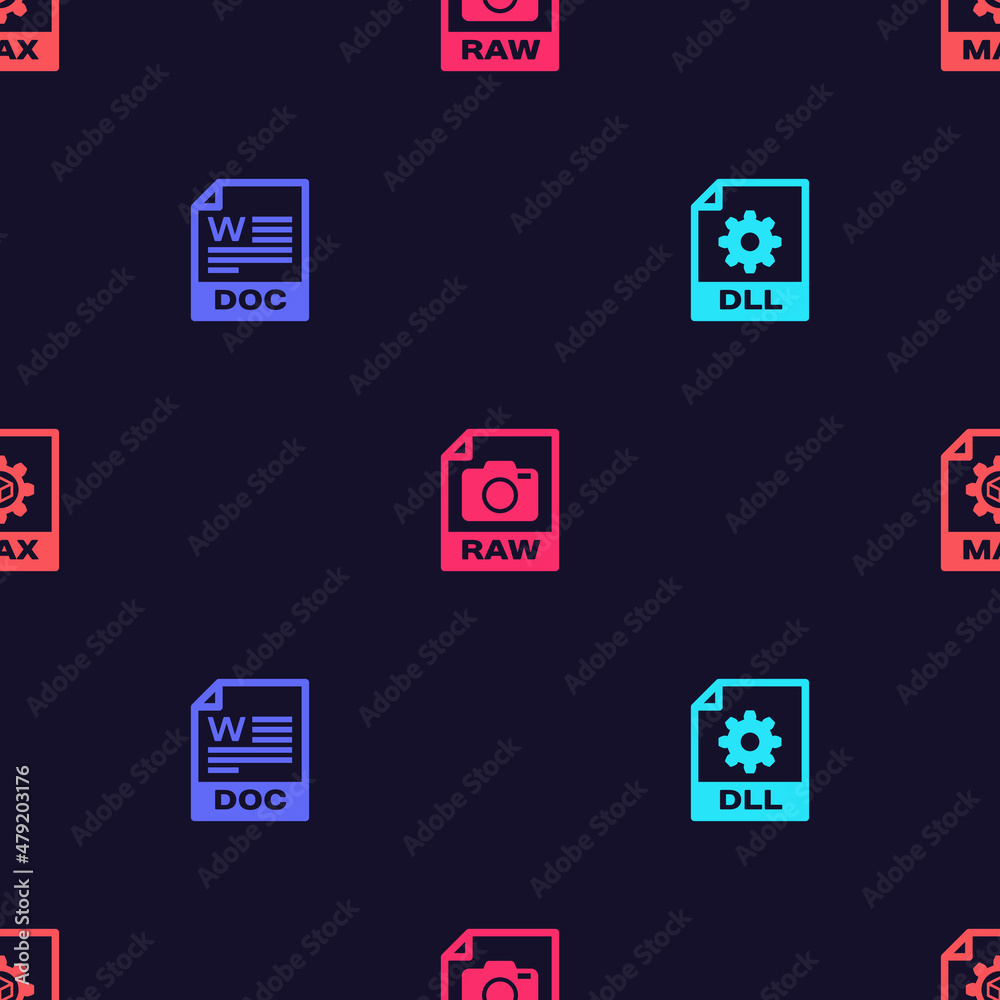 Set DLL file document, DOC, RAW and MAX on seamless pattern. Vector Set DLL file document, DOC, RAW and MAX on seamless pattern. Vector