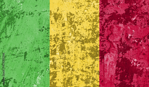 Mali flag on old paint on wall. 3D image
