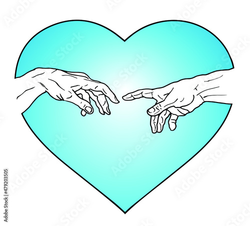 Vector hand drawn black and white illustration of hands reaching inside a blue heart shape and isolated on white background.
