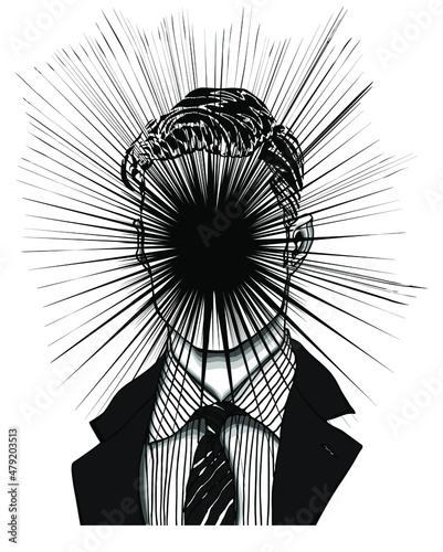 Hand drawn portrait of a strange handsome man with black star exploding dark light face. Head in modern and surreal tattoo art. Isolated vector illustration.