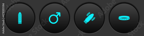Set Dildo vibrator, Male gender symbol, for sex games and Leather fetish collar icon. Vector