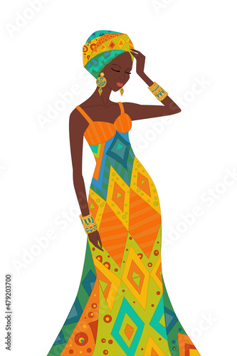 beautiful african girl in ethnic colorful dress with closed eyes