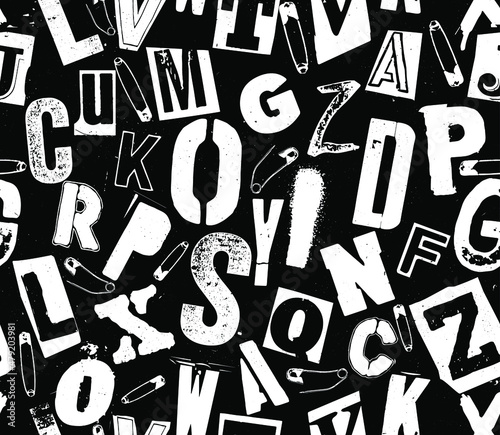 Punk vector alphabet white typography specimen seamless pattern for grunge font flyers and posters design on black background.