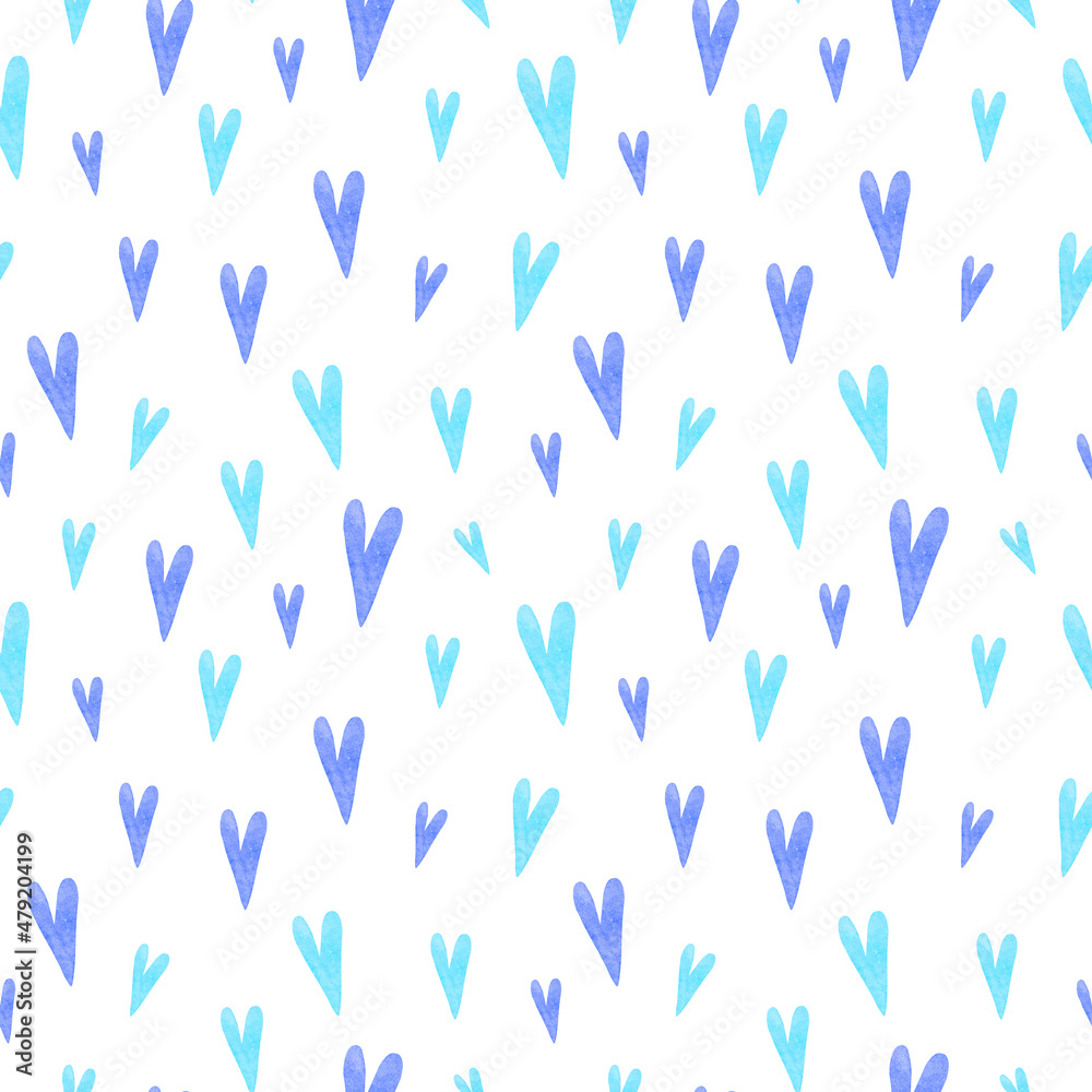 Watercolor blue cute hearts on white background seamless pattern. Valentine, love day repeat print. Romantic ornament for textile, fabric, wallpaper, wrapping paper, design and decoration.