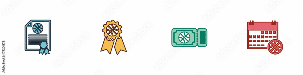 Set Certificate basketball award, Basketball, game ticket and on sport calendar icon. Vector