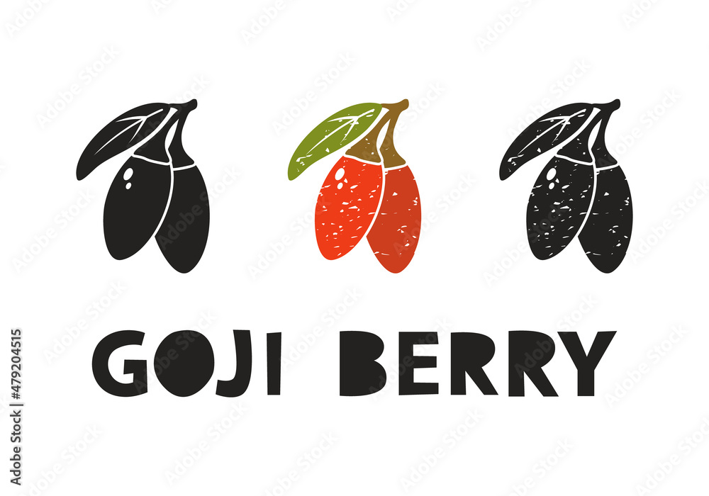 Goji berry, silhouette icons set with lettering. Imitation of stamp, print with scuffs. Simple black shape and color vector illustration. Hand drawn isolated elements on white background