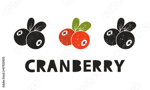 Cranberry, silhouette icons set with lettering. Imitation of stamp, print with scuffs. Simple black shape and color vector illustration. Hand drawn isolated elements on white background