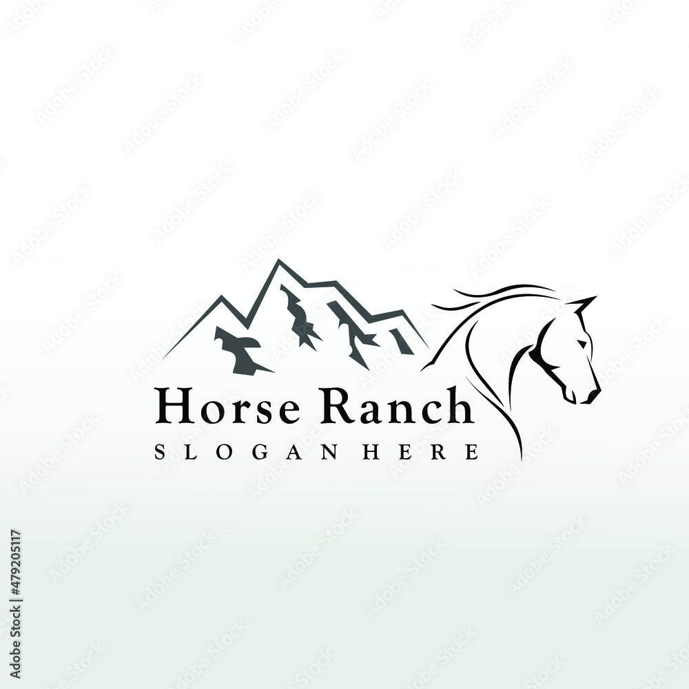 horse logo design, mountain ranch logo design ideas Stock Vector