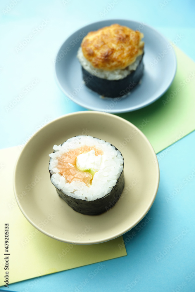 sushi rolls on a color background, minimalism sushi rolls on a color background, minimalism