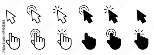 Computer Mouse click cursor. Mouse pointers set.  Black vector icons of arrows and hands. Vector clipart.