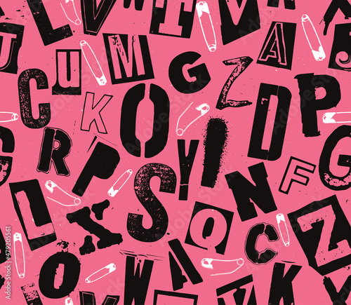 Punk vector alphabet typography specimen seamless pattern for grunge font flyers and posters design in black on pink colored background.