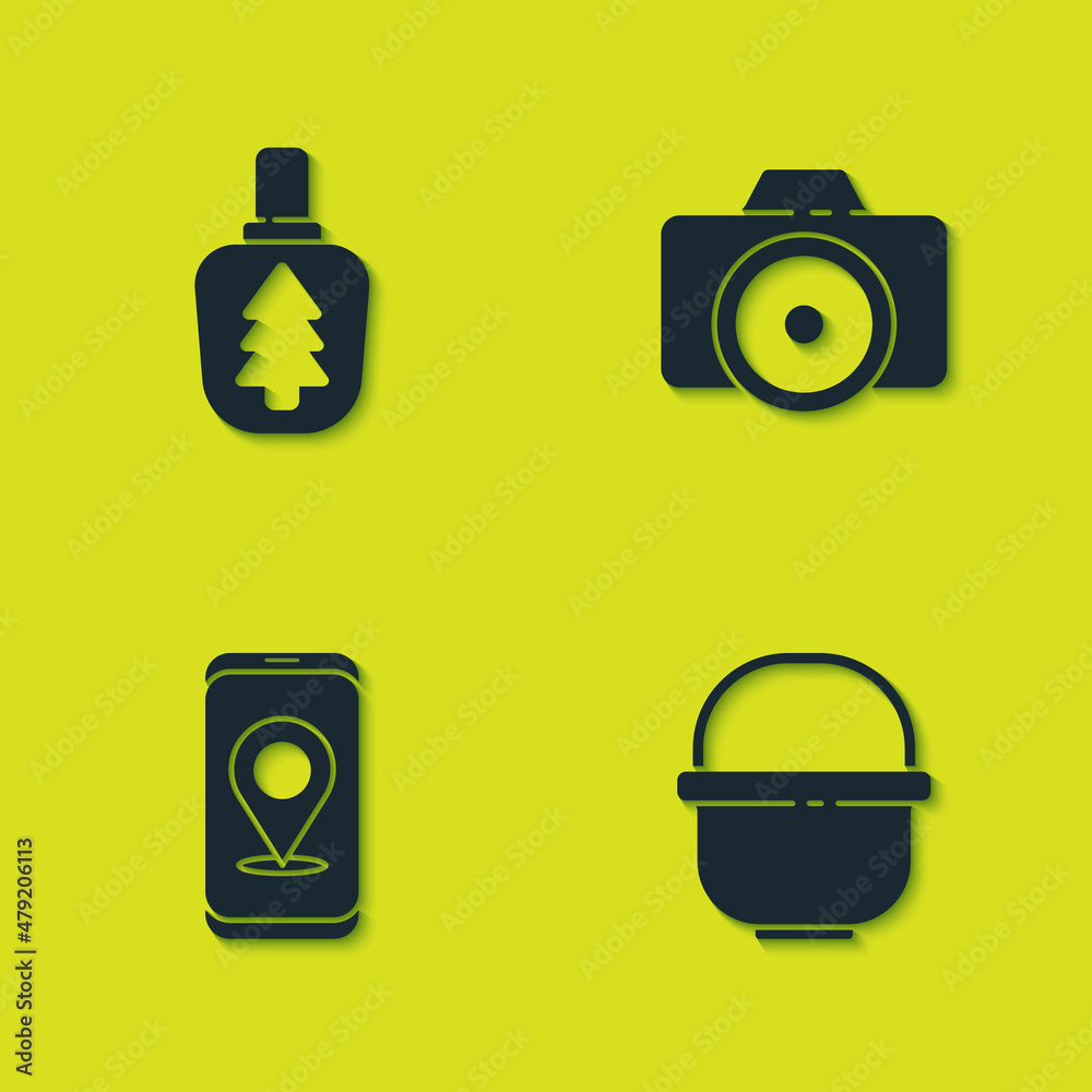 Set Canteen water bottle, Camping pot, City map navigation and Photo camera icon. Vector Set Canteen water bottle, Camping pot, City map navigation and Photo camera icon. Vector