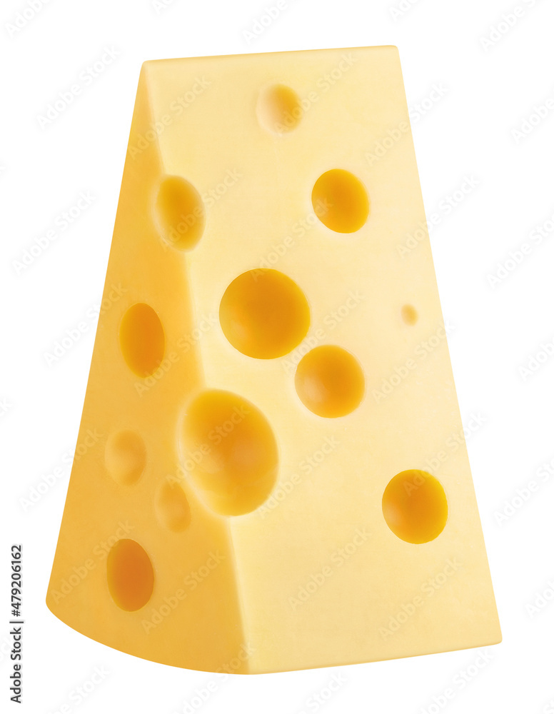 Delicious piece of cheese, isolated on white background
