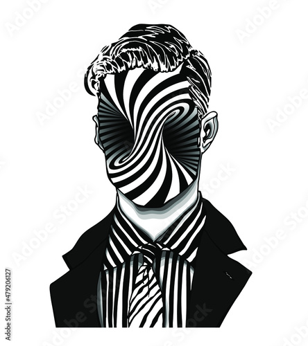 Hand drawn portrait of a strange handsome man with anonymous face with swirling torus inside view. Head in modern and surreal tattoo art. Isolated vector illustration.