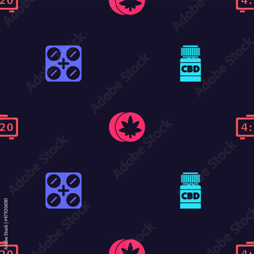 Set Medical bottle with cannabis, pills marijuana, Herbal ecstasy tablets and Digital alarm clock on seamless pattern. Vector