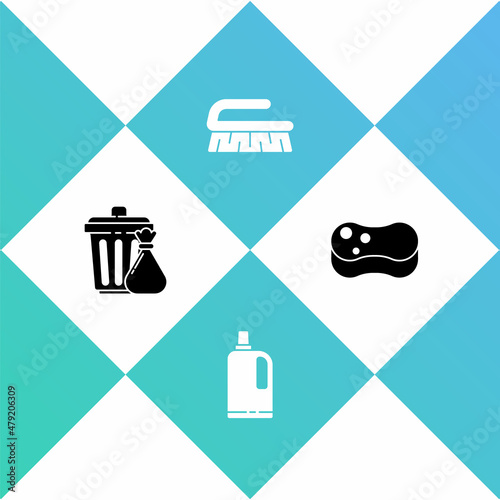 Set Trash can and garbage bag, Fabric softener, Brush for cleaning and Sponge icon. Vector